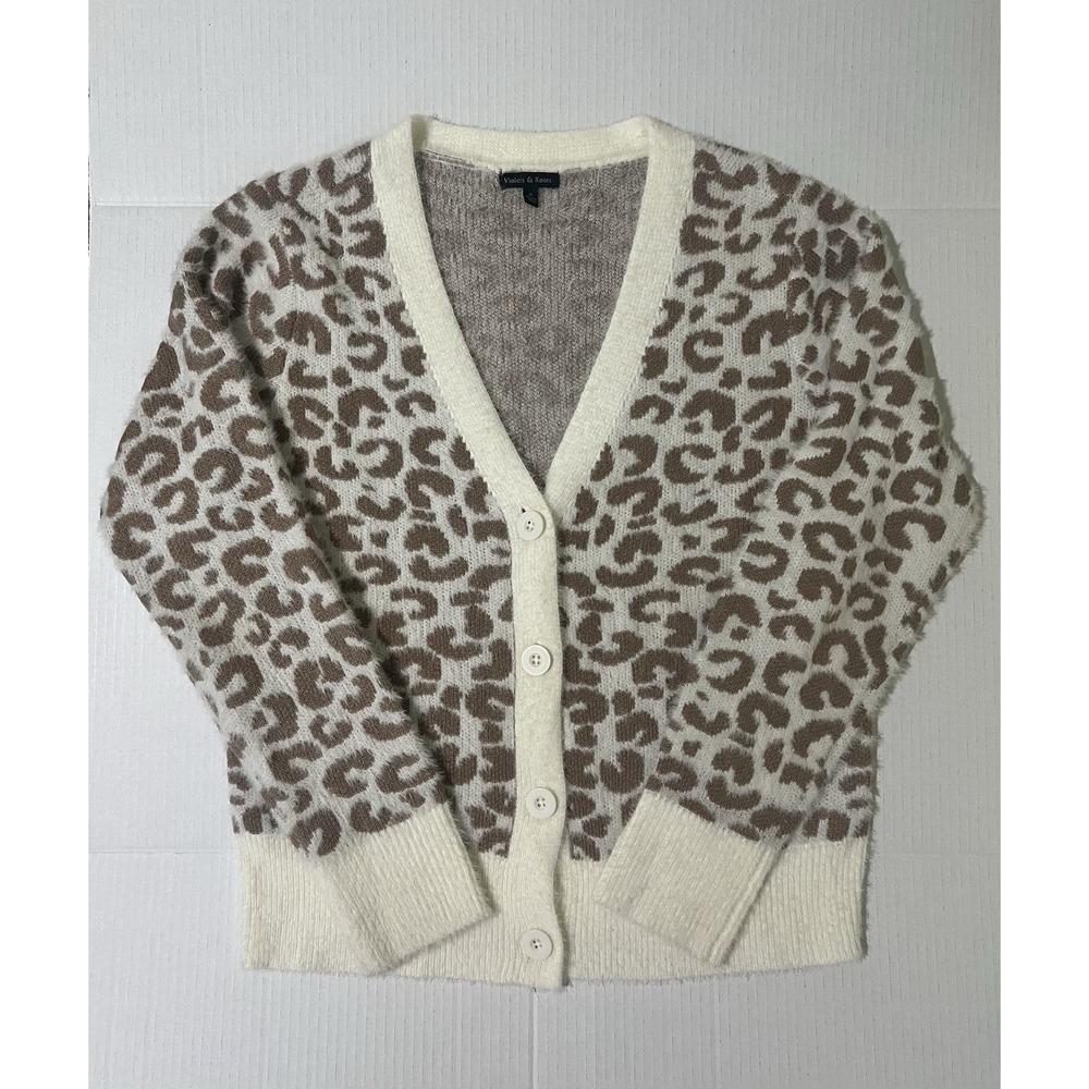 Violets & Roses Women's Medium Brown and Ivory Leopard Print Button Up Sweater